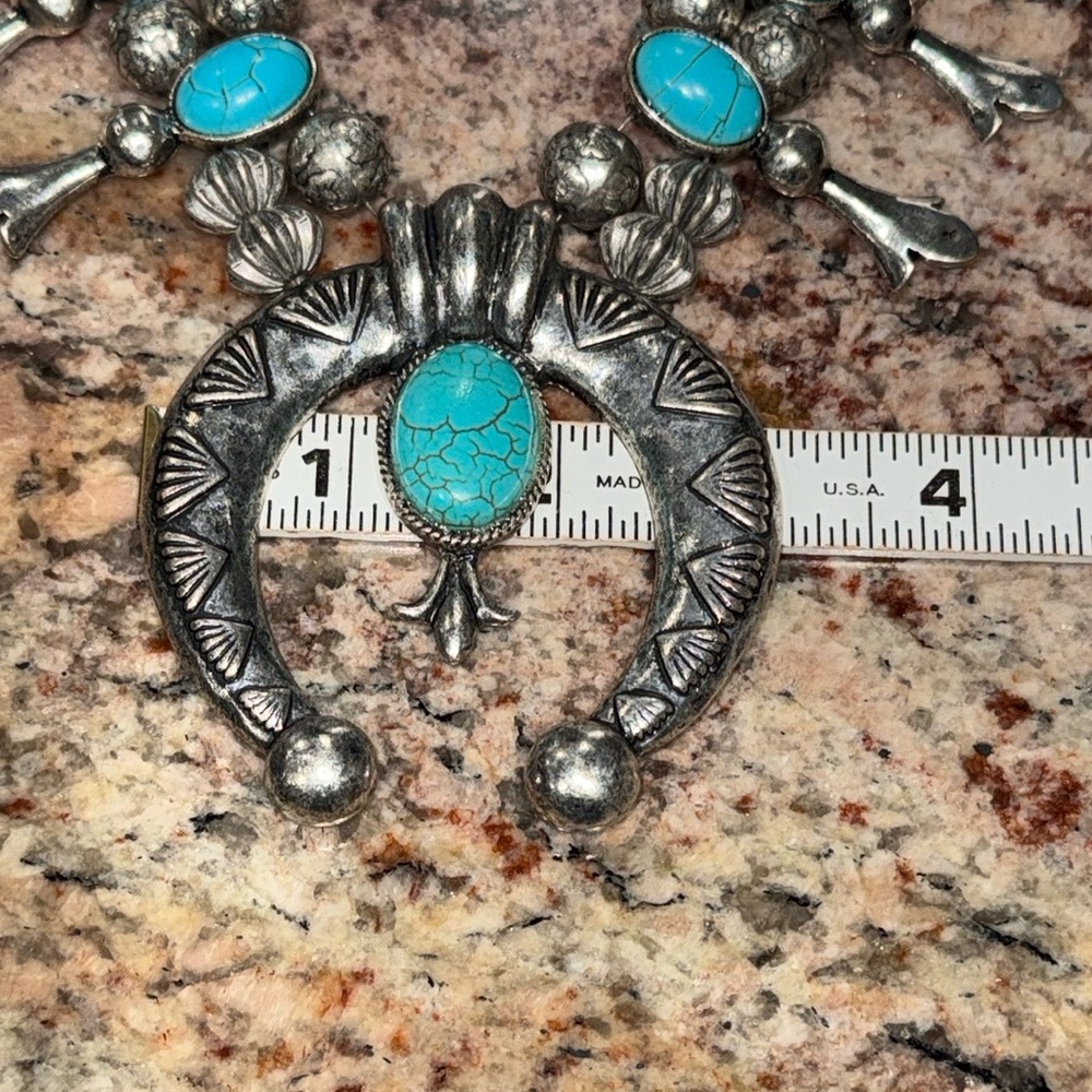 Turquoise & Silver Squash Blossom Necklace - Picture 11 of 13